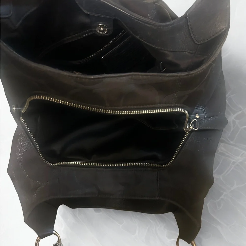 Authentic Coach Dark Brown Campbell Signature Shoulder Bag with Leather Trim - Picture 6 of 11